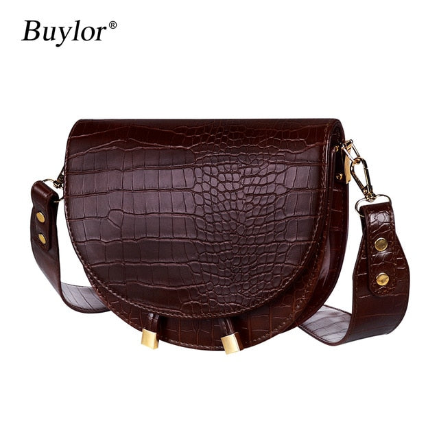 Buylor Women Luxury Shoulder Bags Crocodile Pattern Handbag Female Crossbody Bag Half Round PU Leather Messenger Bag