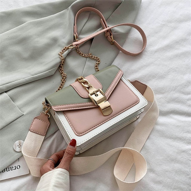 Fashion chain lady Sling bag Panelled color PU Leather Crossbody Bag For Women 2021 new Wide strap Shoulder Messenger Bag Ladies